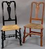 Two Queen Anne side chairs, each with rush seat and Spanish feet, one in old brown over original red paint.  ht. 40in., seat 