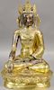 Chinese hollow cast gilt bronze figure of Dipankara Buddha seated on lotus pedestal base, decorated with turquoise and coral 
