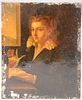 Portrait  oil on copper  Girl with her Dog Reading by the Window  with sunrise in window marked illegibly by dog's paw  pr...