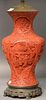 Cinnabar palace form vase having mountainous landscape plaques with scholars, made into a table lamp. 
vase ht. 13 1/2in.