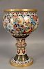 Large Cloisonne stemmed bowl having bulbous top on tall footed base with enameled butterflies and blossoming flowers.  ht. 15