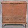 Primitive lift top blanket chest with one drawer set on carved bootjack ends in original red paint (original leather hinges d