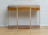 BURLWOOD, CHROME AND BRASS CONSOLE