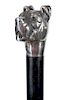 72. Silver Dog Cane- 20th Century- A one-piece cast sterling handle with two color glass eyes, thick ebony shaft and a metal 