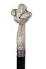 93. Stag Sword Cane-20th Century- A carved stag hand holding an egg, ornate silver collar with various crosses, with a center
