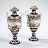 Pair of Sevres-style Porcelain Vases and Covers, France, late 19th/early 20th century, each with cobalt ground, berry knop li