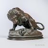 After Antoine-Louis Barye (French, 1795-1875)  Bronze Figure of a Lion and Snake, lion depicted with paw raised, on a stepped
