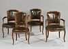 Four Louis XV-style Chairs, early 20th century, each with curvate crest rail, leather back and seat, open arms, on cabriole l