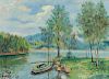 David Davidovich Burliuk (Russian/American, 1882-1967)      Lake Scene with Boat, Probably a Connecticut View