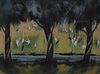 Marion Bryson (American, 20th century)Egrets and Cranes in a Landscape, ca 1950