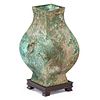 ARCHAIC CHINESE BRONZE VASE ON STAND