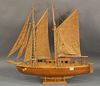 Large vintage sailing boat model with cloth sails. ht. 32 1/2in., lg. 36in.