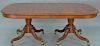 John Widdicomb Georgian style dining table, mahogany banded inlaid double pedestal with three 18inch leaves. ht. 30in., top: 