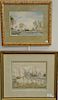 Set of three fine 19th century watercolor and silk embroideries, largest is needlework of a castle with drawbridge (sight siz