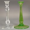 Nine piece crystal group to include a set of four clear crystal candlesticks (ht. 9 1/4in., set of four green glass candlesti