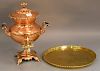 Victorian copper and brass tea urn, copper body with brass spigot on round brass tray. ht. 17in.