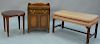 Four piece lot to include a mahogany leather top stand with pull-out slide, Chippendale style upholstered bench (lg. 36in.), 