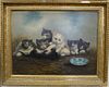 19th/20th Century oil on board with six kittens and a blue dish, signed lower right illegibly. 19 1/4" x 25 1/2"