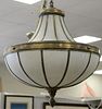 Large brass and slag glass hanging light. approximately ht. 30in., wd. 24in.