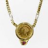 US 1881 $10 Liberty Head Gold Coin Pendant Necklace with 18 Karat Yellow Gold Bezel and Chain and with Cabochon Ruby Accent.
