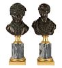A PAIR OF FINE FRENCH BRONZE BUSTS OF ROUSSEAU AND VOLTAIRE ON MARBLE AND ORMOLU BASES, 18TH-19TH CENTURY