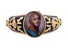 A VARI-COLOR GOLD AND ENAMEL RING MOUNTED WITH A PORTRAIT MINIATURE, 19TH CENTURY