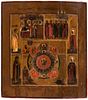 A COMPLEX RUSSIAN ICON WITH SELECT SAINTS, SCENES AND THE ALL SEEING EYE OF GOD, 19TH CENTURY