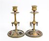 A Pair of Brass and Hardstone Inset Candlesticks, , the urn form cup surmounting a knopped stem, the base decorated with appl