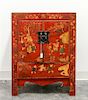 * A Small Chinese Red Lacquered Elmwood Cabinet