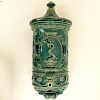 19/20th Century Majolica Lavabo. Figural spout. Unsigned. Chip on top rim, small chips on lid and glaze pops.