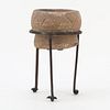 Pre Columbian Stoneware Vessel on Wrought Iron Stand. Natural wear to patina.
