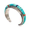A Hopi Silver, Turquoise, Coral and Lapis Lazuli Cuff Bracelet, Charles Loloma (1921-1991) Length 5 1/2 x opening 1 x width 3