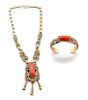 A Navajo 14 Karat Yellow Gold and Coral Necklace and Matching Cuff, Boyd Tsosie (b. 1956) Length of necklace 15 inches; penda