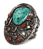 * A Navajo Silver, Turquoise and Coral Cuff Bracelet Length 5 x opening 1 1/2 x width 3 1/4 inches.