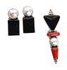 A Kewa Silver, Onyx, Coral and Pearl Pendant and Earring Set, Sam Lovato (1935-1999) Height of the pendant 3 1/2 inches.