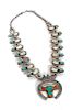 A Silver, Coral, Turquoise, Jet and Mother of Pearl Squash Blossom Necklace Length 24 inches; naja 3 x 3 1/4 inches.