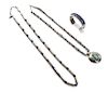 Three Southwestern Style Silver and Lapis Jewelry Articles Length of first 26 inches.