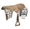 A Northern Plains Beaded and Hide Pad Saddle Length of saddle 23 x width with drops 28 inches.