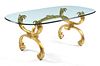 20th c Dining table, glass top with gilt metal scroll base