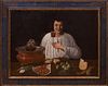 ITALIAN SCHOOL: A SMILING MAN, HOLDING A GLASS OF WINE AT A TABLE, WITH SALAMI, TURNIPS, CHEESE, BREAD, FIGS, MELON AND A COO