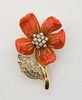18K GOLD, CORAL AND DIAMOND FLOWER BROOCH