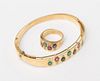 18K GOLD AND COLORED STONE BANGLE AND MATCHING RING