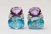 PAIR OF 14K WHITE GOLD, BLUE TOPAZ, AMETHYST AND DIAMOND EARCLIPS
