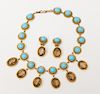 SIMULATED TURQUOISE AND TOPAZ NECKLACE AND A PAIR OF MATCHING EARCLIPS
