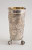 GERMAN BAROQUE STYLE COIN-MOUNTED 925 SILVER TRIPOD-FOOTED BEAKER