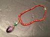 ANTIQUE Chinese Blood Amber Necklace with thin yellow metal chain and pandent, 16" long