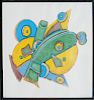 Murray,       Elizabeth ,  American 1940 - 2007,"Clock" (whimsical yellow, green blue, tan abstract), G8; H5