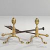 Pair of Brass and Iron Lemon-top Andirons and Matching Tools