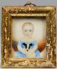 Attributed Clarissa Peters Russell (Massachusetts, 1809-1854)      Miniature Portrait of a Child in a Blue Dress Holding a Do