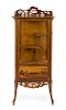 * An Emile Galle Various Woods Marquetry Vitrine, Height 58 1/4 x width 25 x depth 17 3/4 inches.